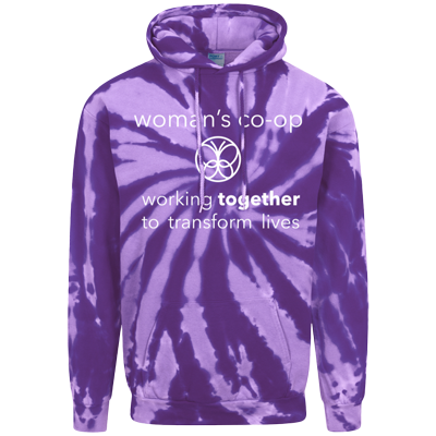 Tie dye hoodie with Woman's Coop logo
